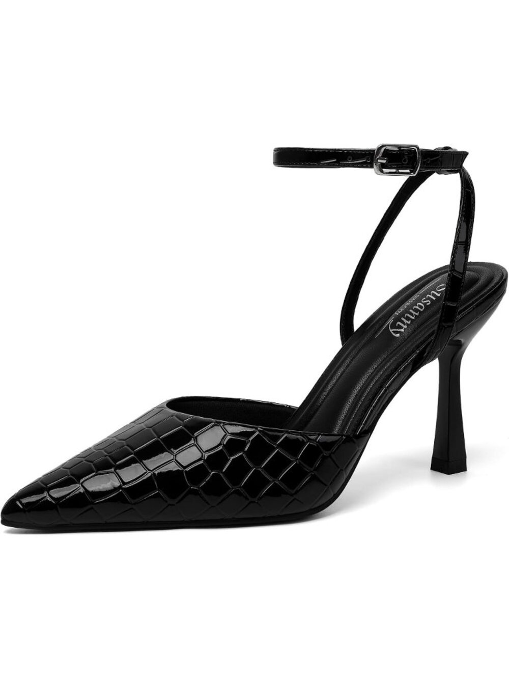 Women Stone Pattern Black Elegant Closed Pointed Toe Strappy Stiletto Pump Shoes